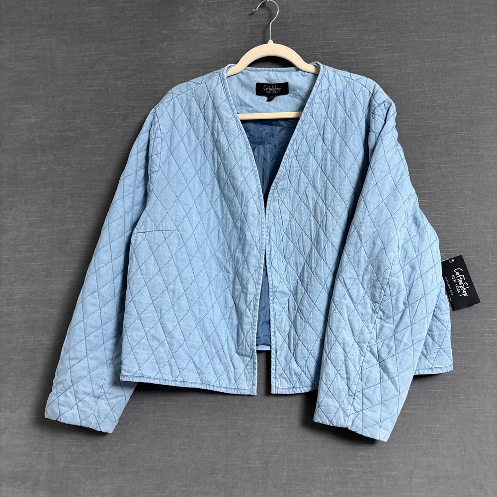 NEW Coffee Shop NY Jacket 2X Blue Cotton Quilted Chambray Open Front Fall Layer